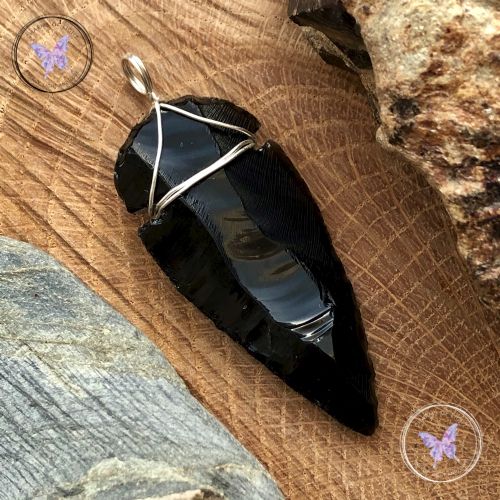 Black Obsidian Arrowhead Silver Pendant